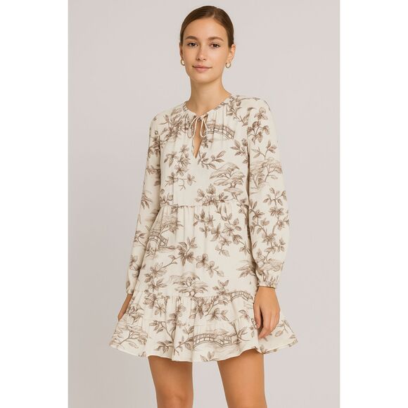 H&M long sleeve ivory and brown scenic blossom print dress size medium - Picture 1 of 7